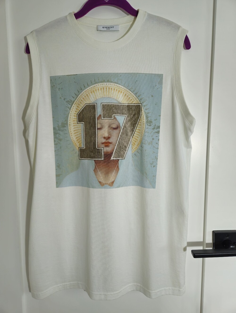 Givenchy Sleeveless Graphic Tee in White with Blue/Gold Artwork